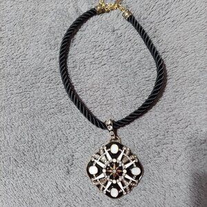 Heidi Daus 18" Black Rope Necklace w/ Black, White, Gold & Crystal Pendant